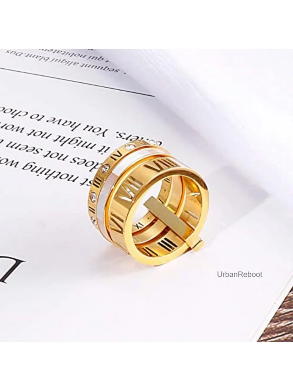 Stainless Steel CZ Spinner Stacking Ring Roman Numeral 3 in 1